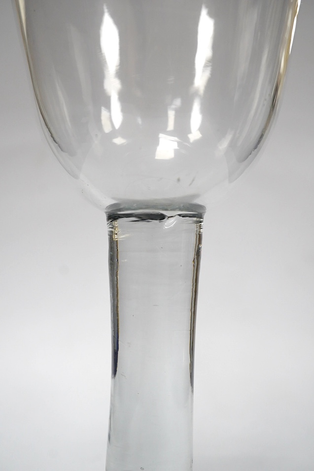 A large plain stem glass goblet, c.1760, the foot diamond point engraved ‘W Willis Dec 6th 1778’. Condition - scratches, otherwise good